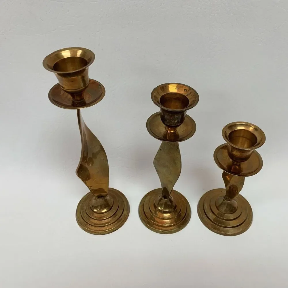 Brass Graduated Candlestick Candle Holders Swirl Twist Lot‎ of 3